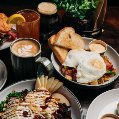 Assortment of dishes and beverages.