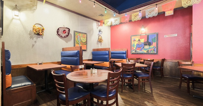 Interior, booths, tables and chairs