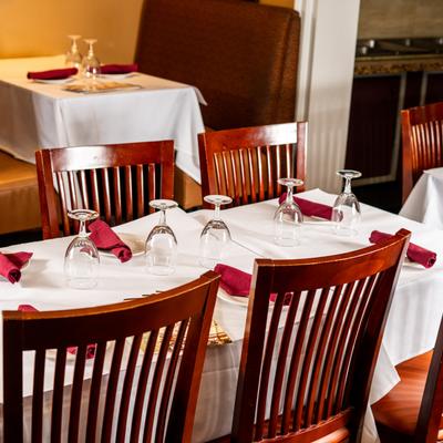 Diner table, booths behind.
