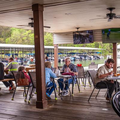Exterior, seating area, customers dining.