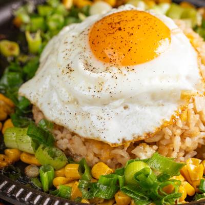 Breakfast skillet featuring vegetables and rice topped with fried egg, close-up.