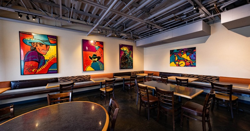 Seating area decorated with paintings on the wall