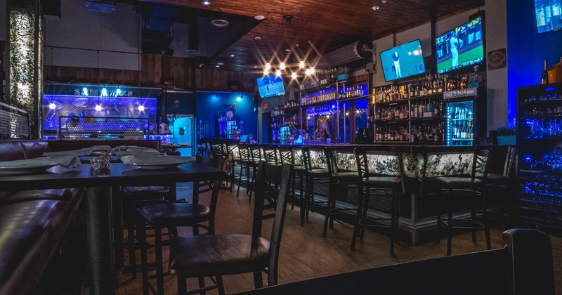 Interior, bar,  dining tables and seating