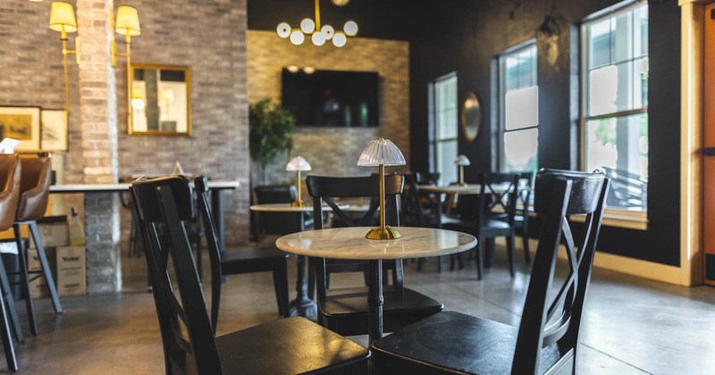 Closeup view of marble top table for four people
