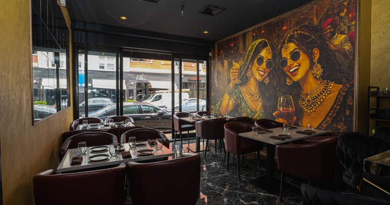 Interior, dining area with decorated wall