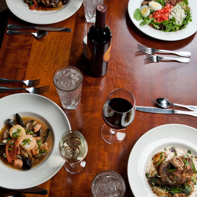 table set with food and drinks of all varieties