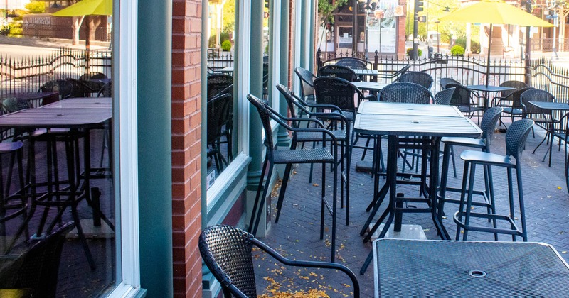 Outdoor seating area, tables and chairs