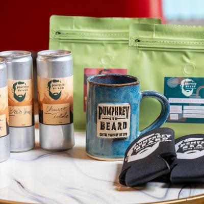Pumphrey and Beard Coffee merchandise and canned coffee drinks.