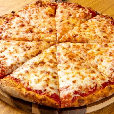 Cheese Pizza served on a rustic wooden pizza paddle.