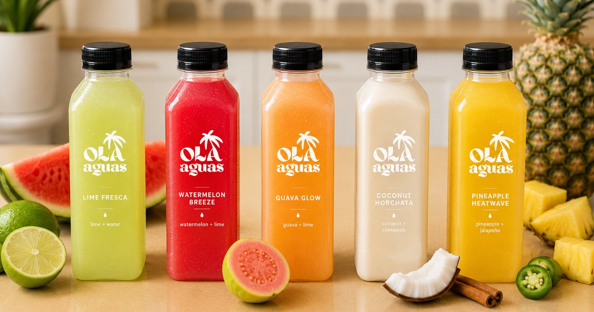 Colorful house-made bottled juices on a table