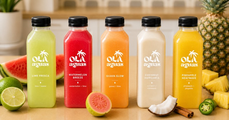 Colorful house-made bottled juices on a table