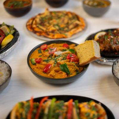 Variety of dishes served on the table.