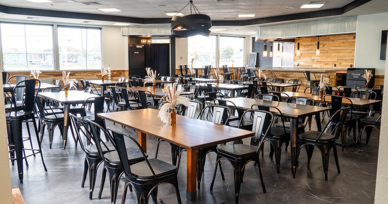 Interior, chairs and tables with decoration