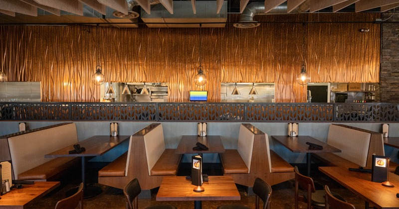 Interior, restaurant booths in dining area