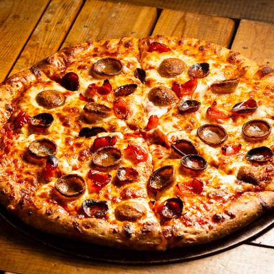 Sweet and spicy pizza, top view.