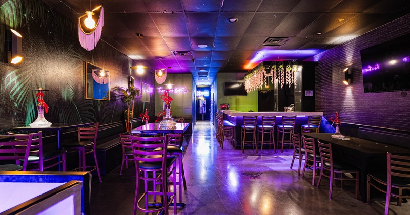 Interior, spacious seating area with hookah