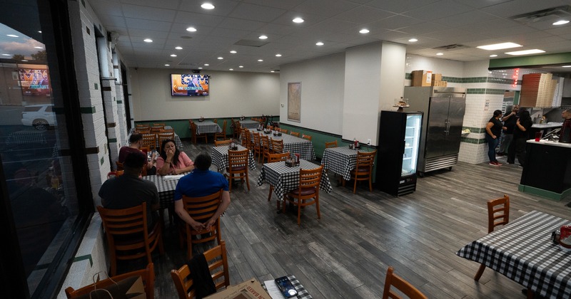 Interior ,diner area, wide view, tables, chairs