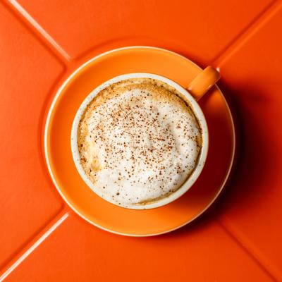 Cappuccino topped with a dusting of cocoa powder, overhead view.