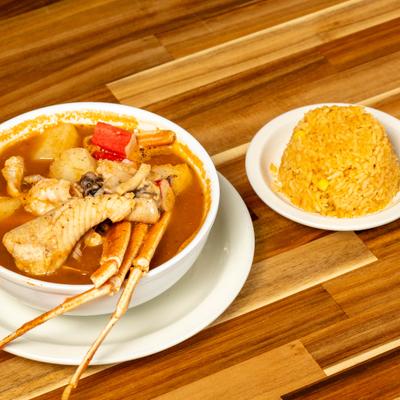 Seafood stew and rice.