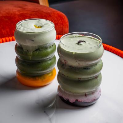 Blueberry Matcha and Mango Matcha served together on the table.