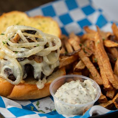 Burger, fries and dip on the side