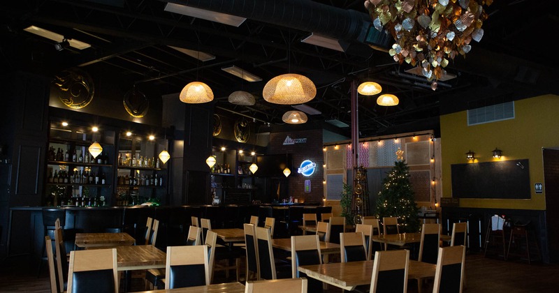 Interior, dining area, decorative ceiling lights