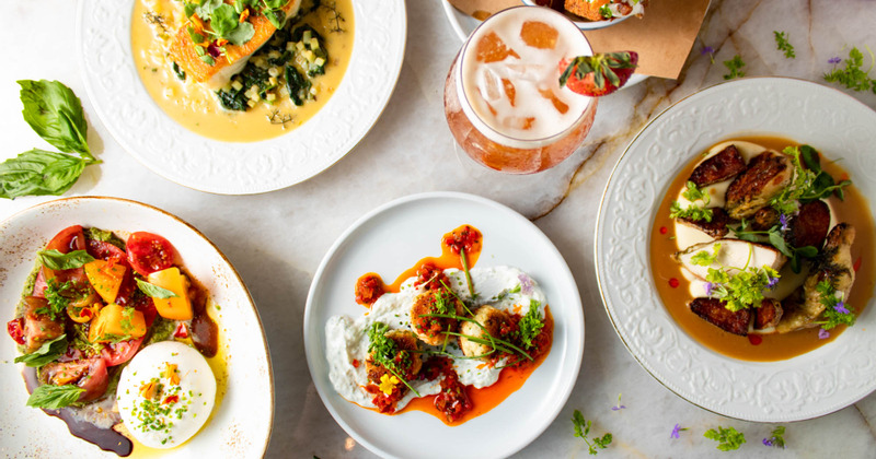 Different types of food on the table and cocktail