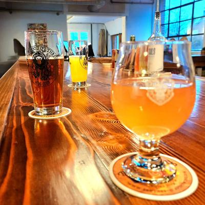 Beers on the bar in the taproom.
