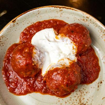 Traditional meatballs, served, top view, closeup.