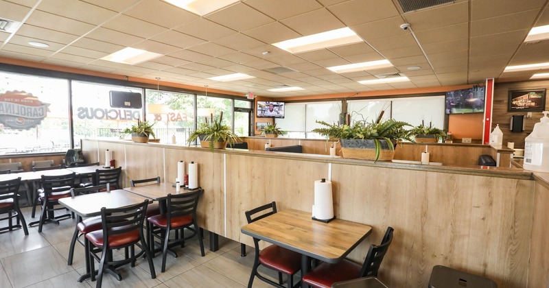 Interior, dining area, tables ready for guests