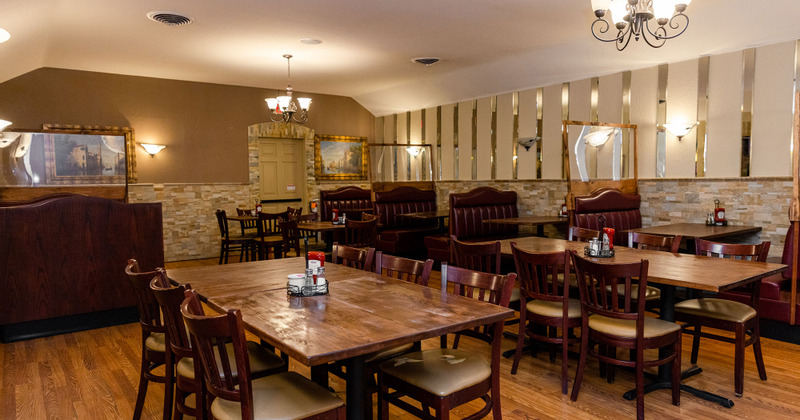 Interior, seating area, tables ready for guests
