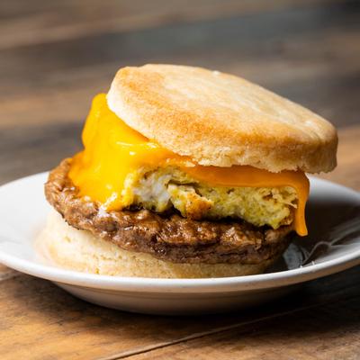 Sausage, egg, and cheese breakfast sandwich.