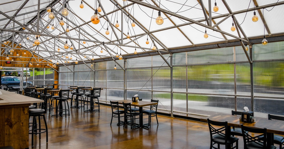 Spacious seating area with tables