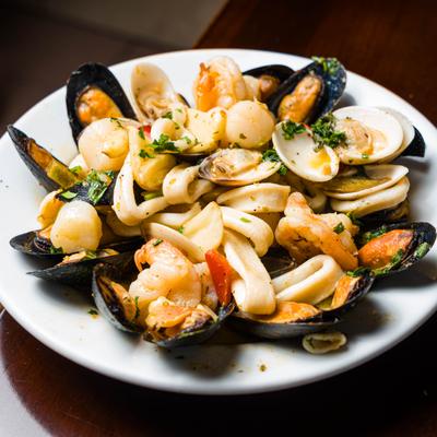 Seafood pasta with mussels, clams, shrimp, and calamari.