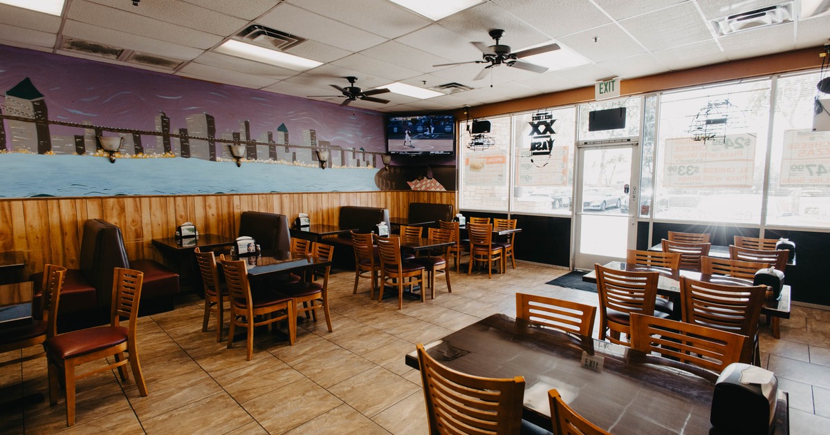 Interior, dining area with entrance in the back
