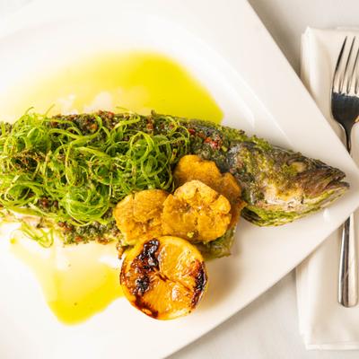 Chimichurri branzino, top view.