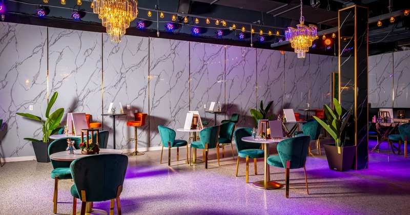 Interior, seating area with tables and chairs