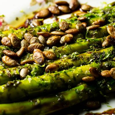 Marinated jumbo asparagus, closeup.