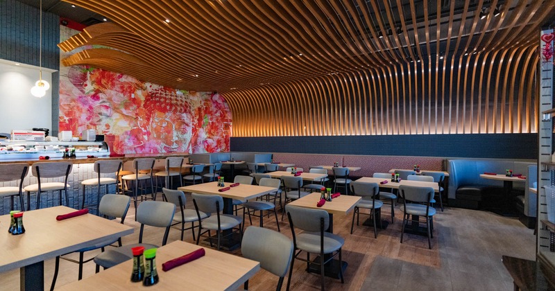 Interior, seating area, tables ready for guests