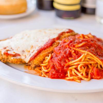 Chicken Parmigiano, closeup.