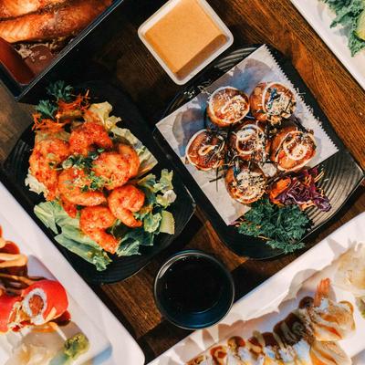 Served food, top view.