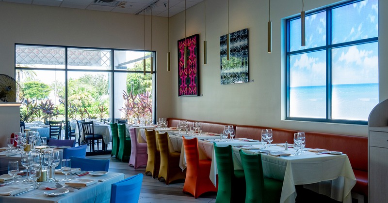 Nicely done interior dining area with set tables