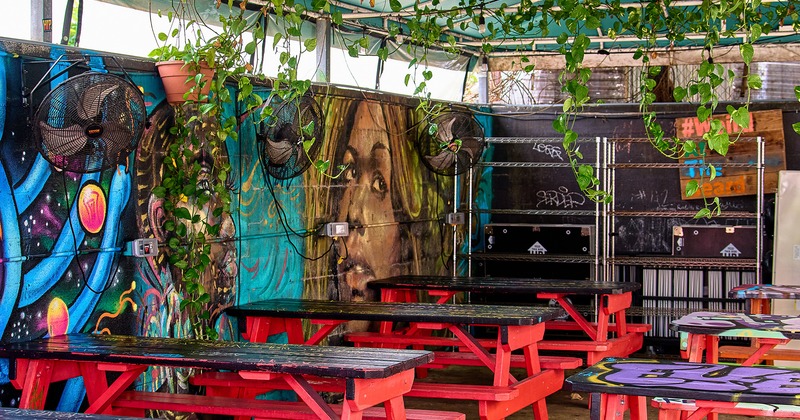 Covered patio with picnic tables, hanging plants and wall murals