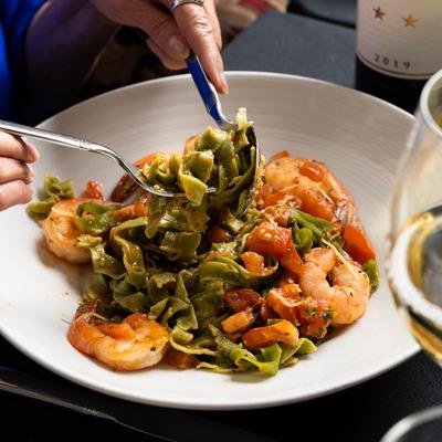 Sauteed shrimp and veggies.