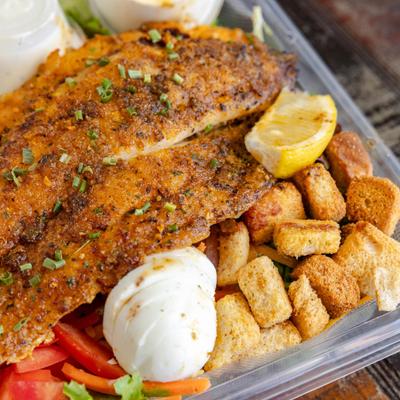 Grilled Fish Salad, close-up.
