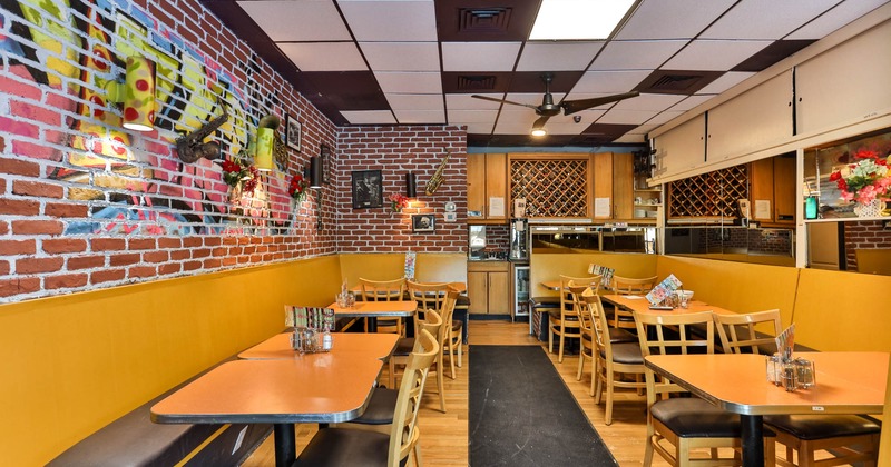 Inside, booths, dining tables, chairs