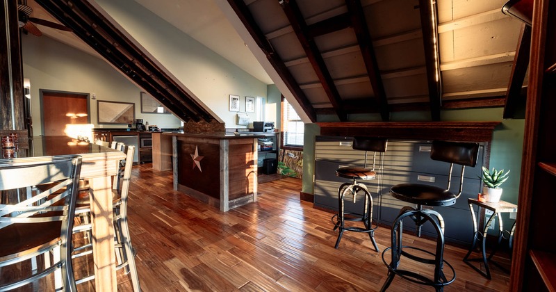 Interior, wide view of loft seating area