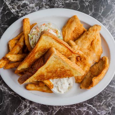Fried haddock served with garlic toast, coleslaw, and a creamy dipping sauce.