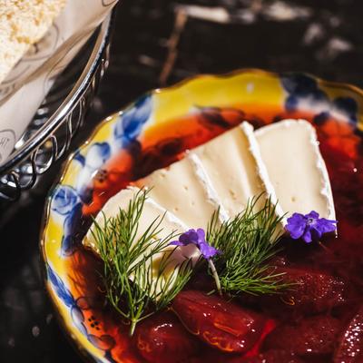 Bread and cheese in strawberry sauce.