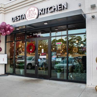 Exterior, decorated entrance with balloons